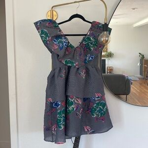 Ganni Structured Jacquard Floral Embroidered Mini Dress in Sharkskin Small